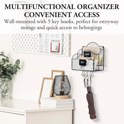 MyGift 2 Compartment Mail Inbox/Outbox Sorter, Wall Mounted Modern Black Metal Wire Entryway Organizer Basket for Mails, Bills and Office Supplies with Chalkboard Labels and 5 Hanging Key Hooks
