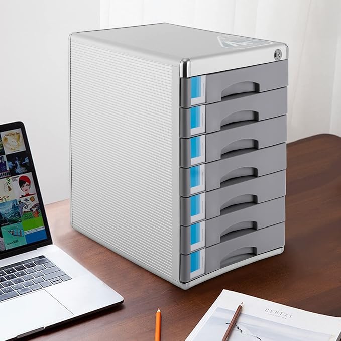 Desk Organizer with 7 Drawers, Metal Desktop Storage Cabinet File Holder with Locks and Keys, Filing Case Literature Organizer for Office Home, L11.8*D14*H16in, Silver & Grey