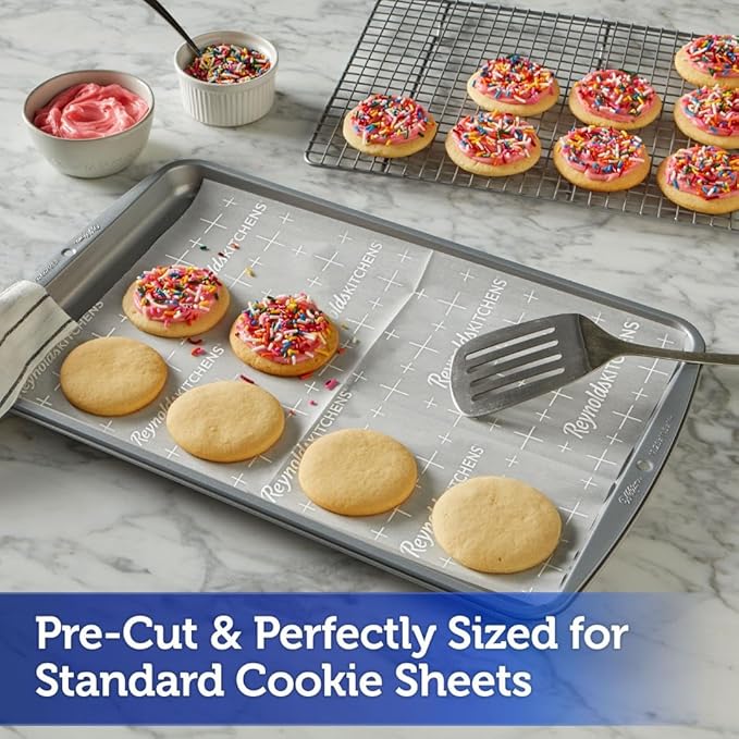 Reynolds Kitchens Cookie Baking Sheets, Pre-Cut Baking Parchment Paper Sheets for Cookies, Oven-Safe up to 425 Degrees, Reusable Up to 3X, No-Mess Cleanup, 12 in x 16 in, 22 Count (Pack of 2)