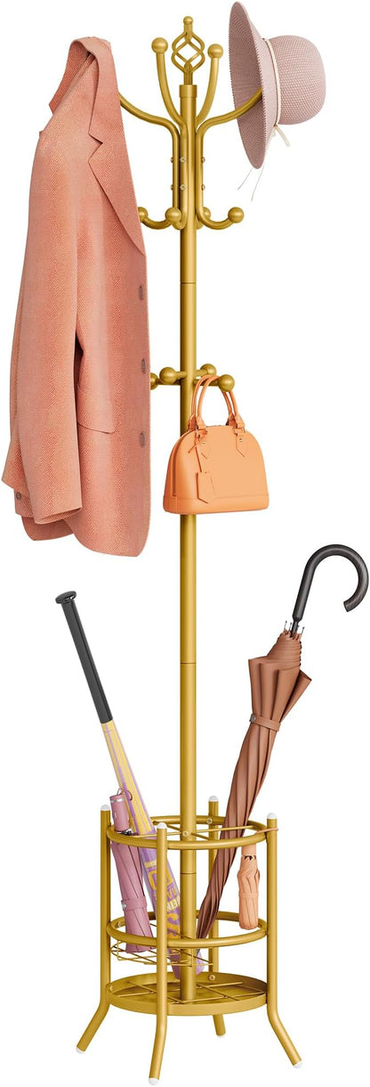 Tajsoon Coat Tree with Umbrella Holder, Coat Rack Freestanding, Coat Hangers Stand with 16 Hooks, Standing Coat Rack for Living Room, Bedroom, Office, Gold