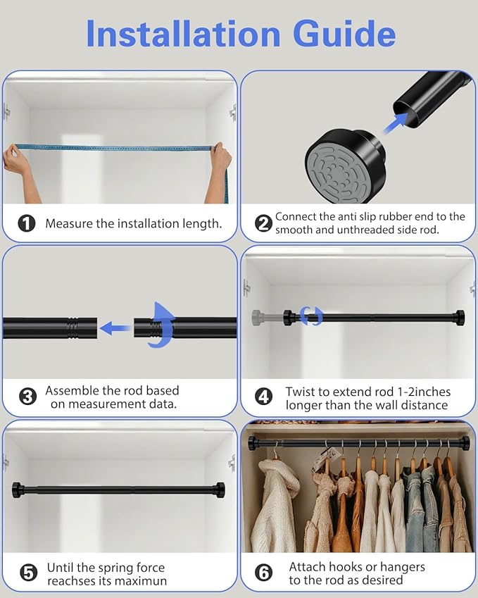 Supforce 2 Pack No Drilling Closet Rods for Hanging Clothes, Non Slip Tension Rod with Heavy Duty Clothes Hanging Rod, 17-69 Inches Adjustable Spring Closet Rod for Closet Wardrobe Bathroom RV, Black