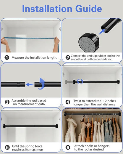 Supforce No Drilling Closet Rods for Hanging Clothes, Non Slip Tension Rod with Heavy Duty Clothes Hanging Rod, 17-54 Inches Adjustable Spring Closet Rod for Closet Wardrobe Bathroom Laundry RV, Black