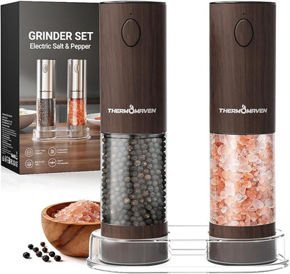 ThermoMaven Electric Salt and Pepper Grinder Set, 110ml Larger Rechargeable Automatic Salt and Pepper Mill Grinder with 6 Adjustable Coarseness, Electric Salt and Pepper Shakers, LED, Black Walnut