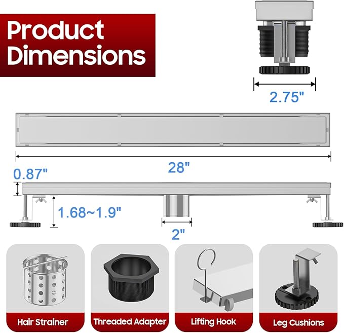 DLONE Linear Shower Drain | 28" AISI 304 Stainless Steel Linear Drain, Brushed Nickel Shower Drain with Tile Insert Panel & Adjustable Feet, Long Rectangle Shower Floor Drain in Bathroom, Balcony etc