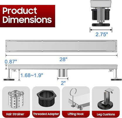 DLONE Linear Shower Drain | 28" AISI 304 Stainless Steel Linear Drain, Brushed Nickel Shower Drain with Tile Insert Panel & Adjustable Feet, Long Rectangle Shower Floor Drain in Bathroom, Balcony etc