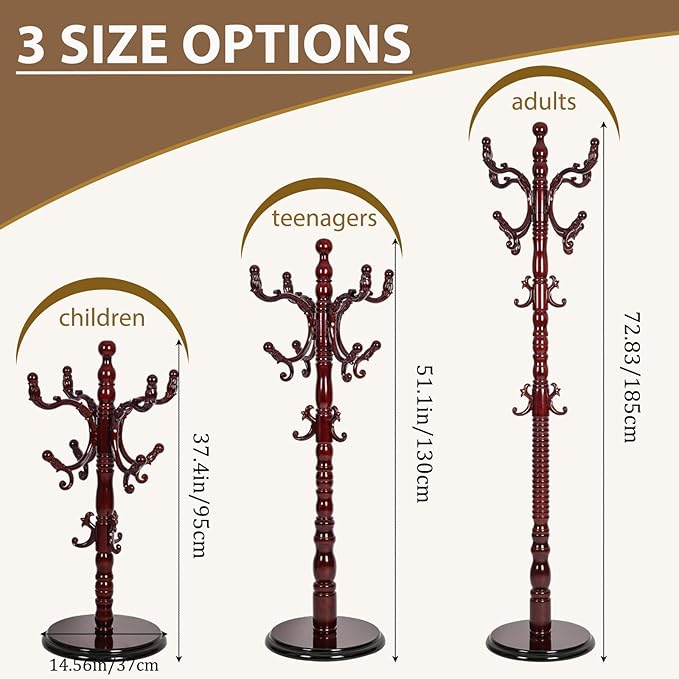 Solid Wooden Coat Rack Stand, Coat Racks Freestanding with 14 Hooks, Natural Birch Wood Coat stands with Sturdy Round Base, tree Coat Hanger Standing for Entryway Bedroom Office (Redwood disc)