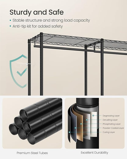 SONGMICS Clothing Rack, Heavy-Duty Garment Rack with Adjustable Storage Shelves and Hanging Rails, Hooks, Freestanding Portable Wardrobe Closet Rack, Ink Black ULGR436B01