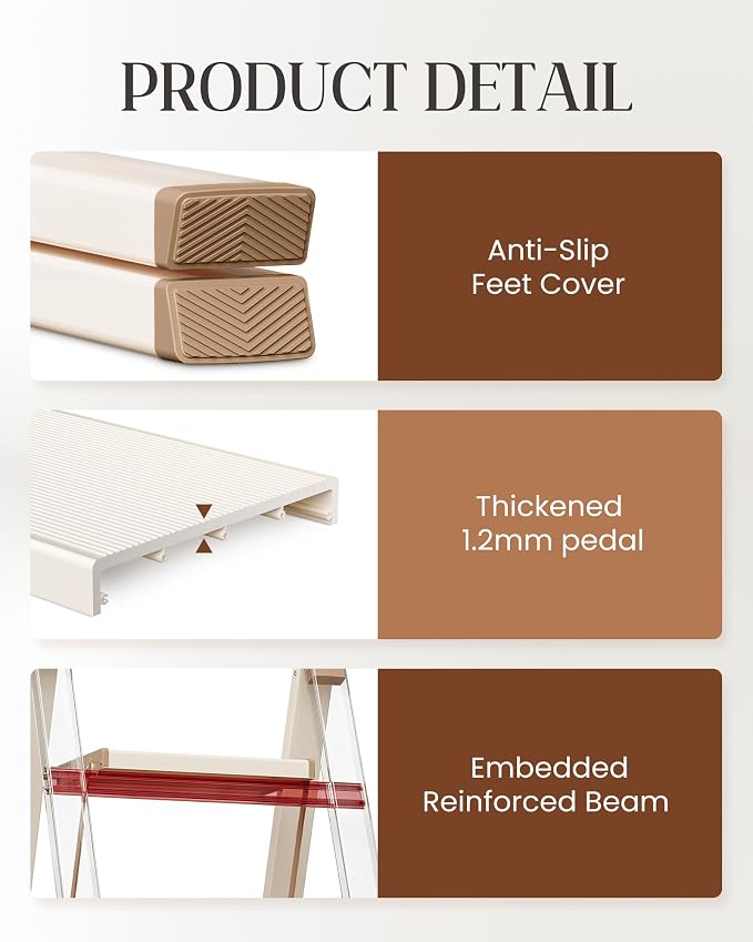 3 Step Ladder, Aluminum Folding Step Stool with Anti-Slip Sturdy and Wide Pedal, Lightweight Portable Stepladder for Home and Kitchen Use Space Saving, 330 lbs, Chocolate White
