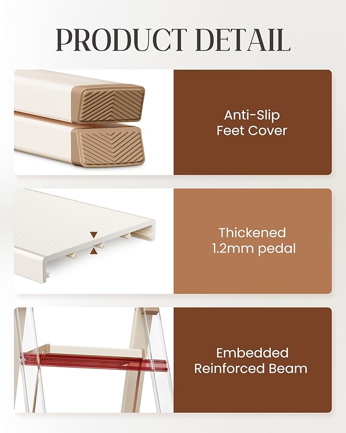 4 Step Ladder, Aluminum Folding Step Stool with Anti-Slip Sturdy and Wide Pedal, Lightweight Portable Stepladder for Home and Kitchen Use Space Saving, 330 lbs, Chocolate White