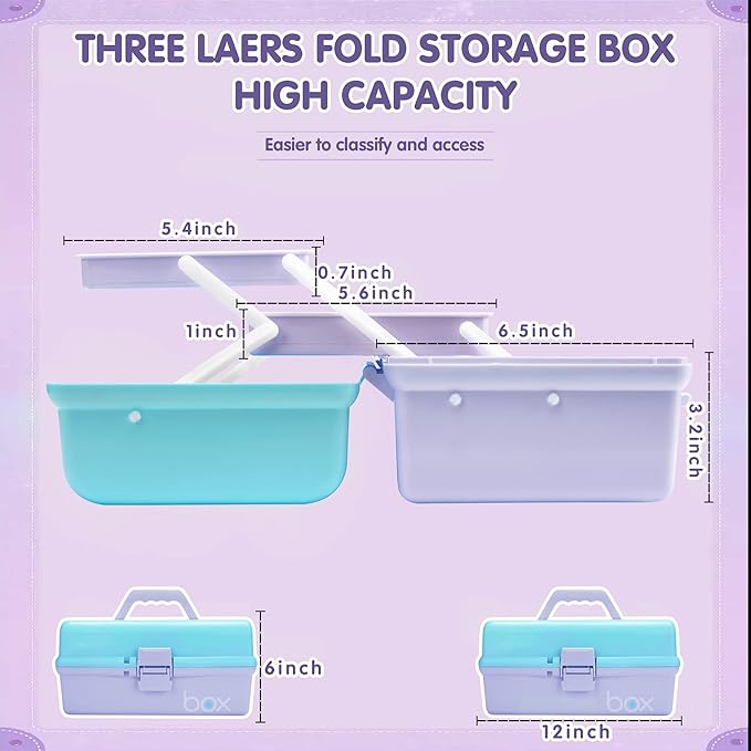 TERGOO 12in 3-Layer Plastic Craft Organizers and Storage, Portable Folding Tackle Box with Handle & Adjustable Dividers, Multipurpose Case for Sewing, Art Supplies, Medicine, Tools (Purple Blue)