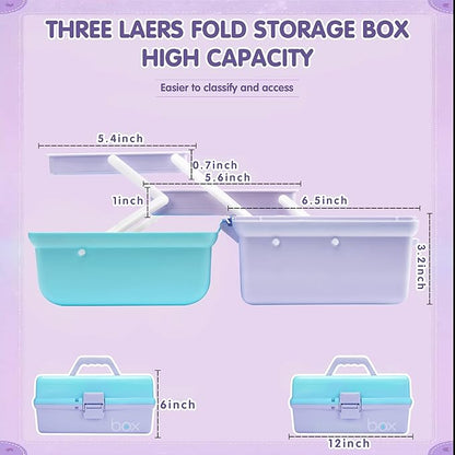 TERGOO 12in 3-Layer Plastic Craft Organizers and Storage, Portable Folding Tackle Box with Handle & Adjustable Dividers, Multipurpose Case for Sewing, Art Supplies, Medicine, Tools (Purple Blue)