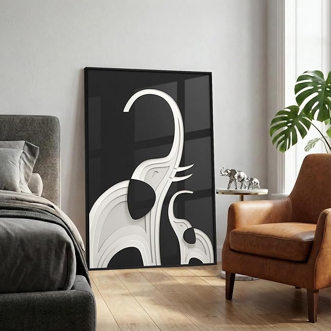 Framed Black and White Wall Art, Large Modern Animal Elephant Prints Paintings Artwork for Walls, Contemporary Minimalist Pictures for Living Room Dining Bedroom Office Hallway Home Decor 24x36 In