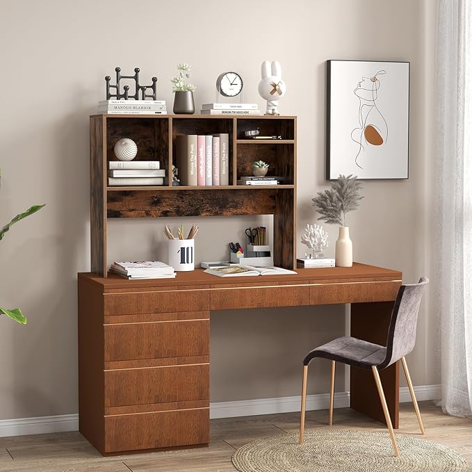 LDAILY Desktop Bookshelf, 2-Tier Office Desk Shelf Organizer with 4 Shelves, 37’’L Wood Storage Rack Display Shelf for Computer Desk, Office, Dorm, Bedroom (Coffee)
