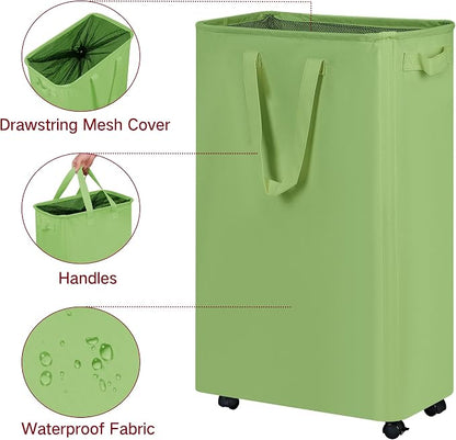 efluky Slim Laundry Hamper with Wheels, Rolling Laundry Basket for Clothes, Small Laundry Basket for Bedroom, Dorm and Laundry Room, 75L (19.8 Gallons) Green