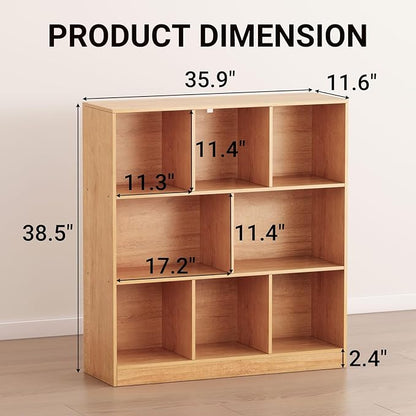 8-Cube Wooden Bookshelf with Base,3-Tier Freestanding Open Storage Organizer,Multi-Functional Bookcase for Living Room,Bedroom,Study and Office (Oak, 8-Cube)