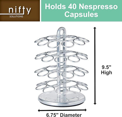 Nifty Nespresso Original Line Capsule Carousel – 40 Coffee Pod Storage Holder, Spins 360-Degrees, Lazy Susan Platform, Modern Chrome Design, Home or Office Kitchen Counter Organizer