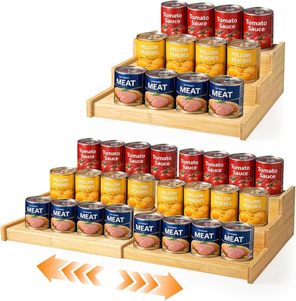 3-Tier Expandable Bamboo Mug Holder Shelf Rack For Countertop Coffee Cup Holder Display, Pantry Can Organizer for Cabinet, Coffee Bar Organizer for Kitchen