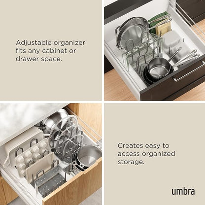 Peggy Kitchen Drawer Cupboard Organizer Tray - Adjustable Storage System For Food Containers, Cookware, Serveware, Utensils and More, Large, Grey