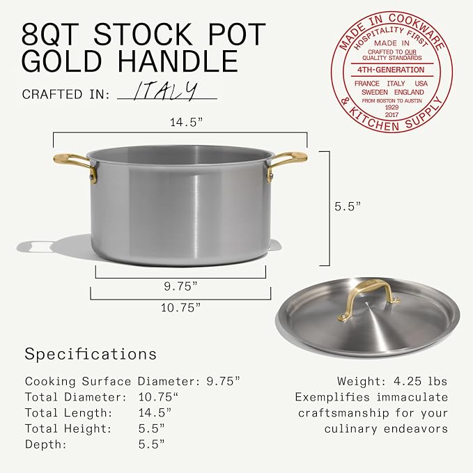Made In Cookware - 8 Quart Stainless Steel Stock Pot With Lid (Antique Brass Handle) - 5 Ply Stainless Clad - Professional Cookware - Crafted in Italy - Induction Compatible