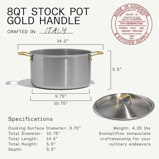 Made In Cookware - 8 Quart Stainless Steel Stock Pot With Lid (Antique Brass Handle) - 5 Ply Stainless Clad - Professional Cookware - Crafted in Italy - Induction Compatible