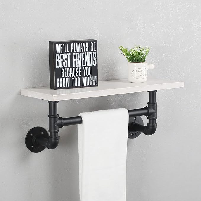 MBQQ Industrial Pipe Shelf Bathroom Shelves Wall Mounted,19.6in Rustic Wood Shelf with Towel Bar,1 Tier Farmhouse Towel Rack,Pipe Shelving Floating Shelves Towel Holder,Black & White