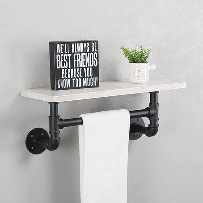 MBQQ Industrial Pipe Shelf Bathroom Shelves Wall Mounted,19.6in Rustic Wood Shelf with Towel Bar,1 Tier Farmhouse Towel Rack,Pipe Shelving Floating Shelves Towel Holder,Black & White