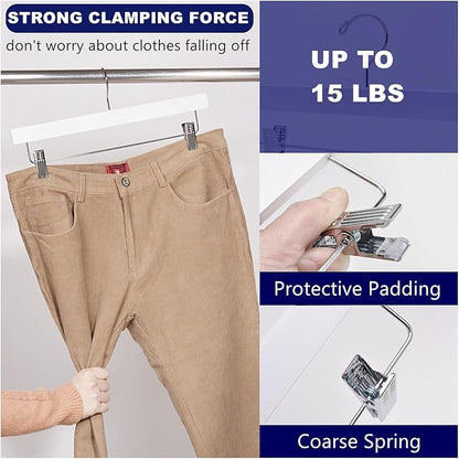 Amber Home 10 Pack White Wooden Pants Hangers with 2-Adjustable Clips for Jeans, Slacks, Shorts