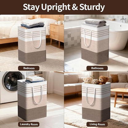 WOWBOX 2 Pack Laundry Baskets, Laundry Hampers, Freestanding Dirty Clothes Hampers with Reinforced Handles & Cross Stitch & Waterproof Coating, for Laundry Bedroom Bathroom Dorm,75L Khaki