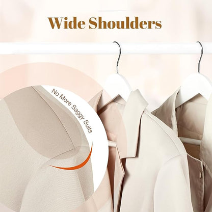 HOUSE DAY Wooden Suit Hangers 6 Pack，Heavy Duty Wide Shoulder Hangers, Solid Wood Coat Hanger with Non-Slip Pant Bar for Petite Adults, Teens and Small Suits, Coats, Jackets (White, 16.5‘’)