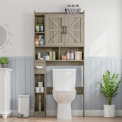 Over The Toilet Storage Cabinet, Farmhouse Storage Cabinet Over Toilet with 2 Barn Door & Toilet Paper Holder Stand, Home Space-Saving Rack, for Bathroom, Restroom (Grey).