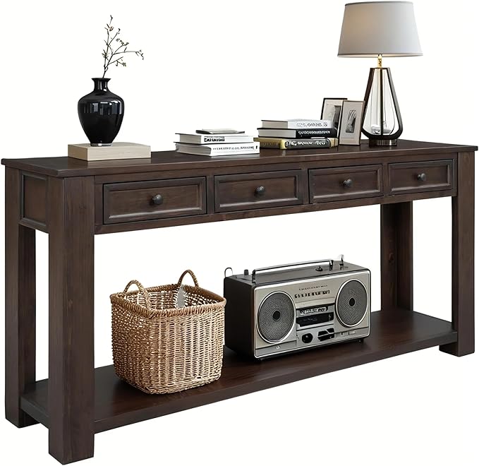LKTART 63" Solid Wood Console Table Sofa Table with Storage Drawers and Bottom Shelf,Farmhouse Entryway Table for Hallway Foyer,Sofa Couch Table,Easy Assembled (63" Espresso)