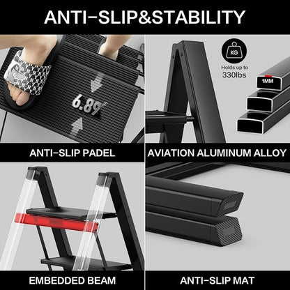 3 Step Ladder, Aluminum Folding Step Stool with Anti-Slip Sturdy and Wide Pedal, Lightweight Portable Stepladder for Home and Kitchen Use Space Saving, Black, 330 lbs