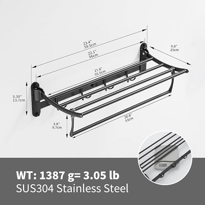 BESy 24 Inch Matte Black Towel Racks, Bathroom Towel Shelf with Foldable Towel Bar Holder and Towel Hooks, Wall Mounted Multifunctional Bathroom Accessories, Double Towel Bars