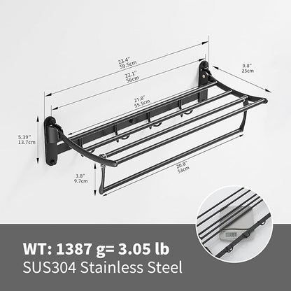 BESy 24 Inch Matte Black Towel Racks, Bathroom Towel Shelf with Foldable Towel Bar Holder and Towel Hooks, Wall Mounted Multifunctional Bathroom Accessories, Double Towel Bars