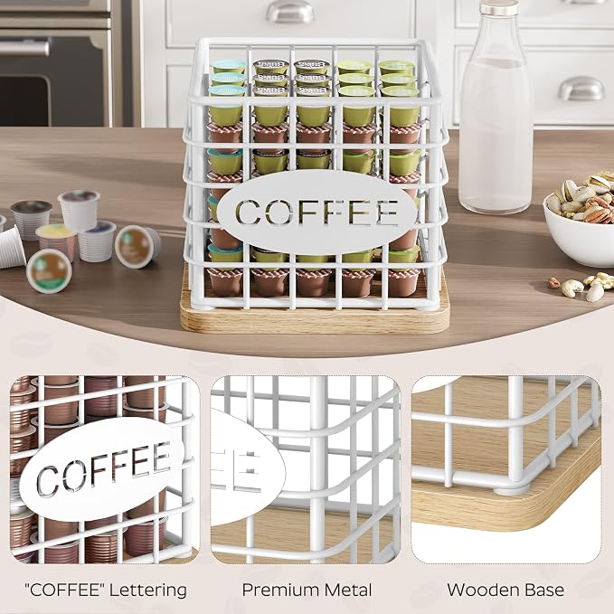 YATINEY Coffee Pod Holder for K Cup, Large Capacity Coffee Pod Organizer, Versatile Coffee Capsule Storage Basket with Wooden Base, White KH10WN