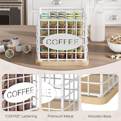 YATINEY Coffee Pod Holder for K Cup, Large Capacity Coffee Pod Organizer, Versatile Coffee Capsule Storage Basket with Wooden Base, White KH10WN