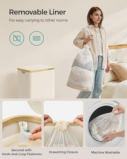 SONGMICS Laundry Hamper with Lid, Large Laundry Basket, 23.8 Gallons (90L), Removable Mesh Liner, Bamboo Handles, Collapsible, 16.5 x 12.6 x 27.8 Inches, Cream White ULCB509W01