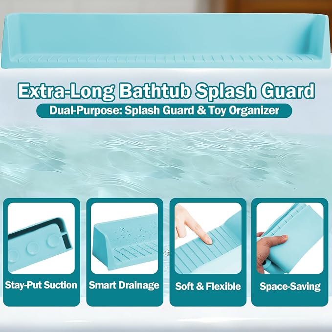 Bathtub Splash Guard for Tub Kids- 31" Extra Long Silicone Bath Play Shelf, Toy Tray & Caddy Holder, Prevent Water Spills & Messy Floors, Tub Edge Guard for Bathroom- Blue