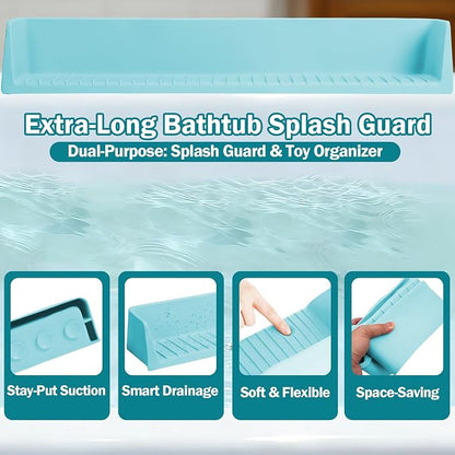 Bathtub Splash Guard for Tub Kids- 31" Extra Long Silicone Bath Play Shelf, Toy Tray & Caddy Holder, Prevent Water Spills & Messy Floors, Tub Edge Guard for Bathroom- Blue