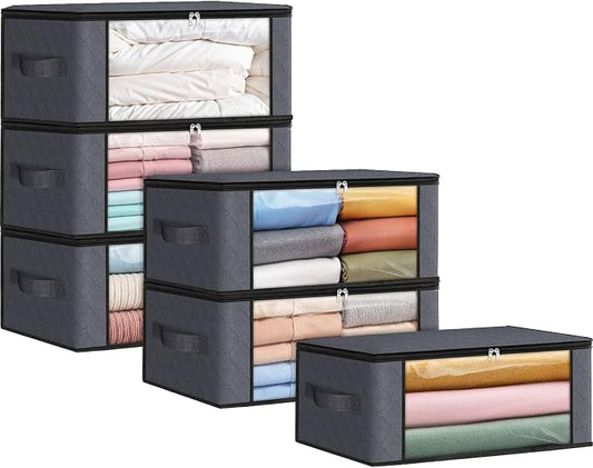 Fab totes 35L Closet Organizers and Storage, Foldable Under Bed Storage Containers, Storage bags for Organizing Bedroom, Closet, Clothing,Organization with Handle (6 Pack,Grey)