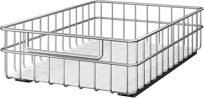 Pull out Cabinet Organizer, Stainless Steel 1-Pack (9.8"W x 16.5"D) Full-Extension Slide out Drawer, Adhesive Roll out Can Spice Storage Basket Shelf Rack for Pantry, Kitchen, Bathroom, Home Closet