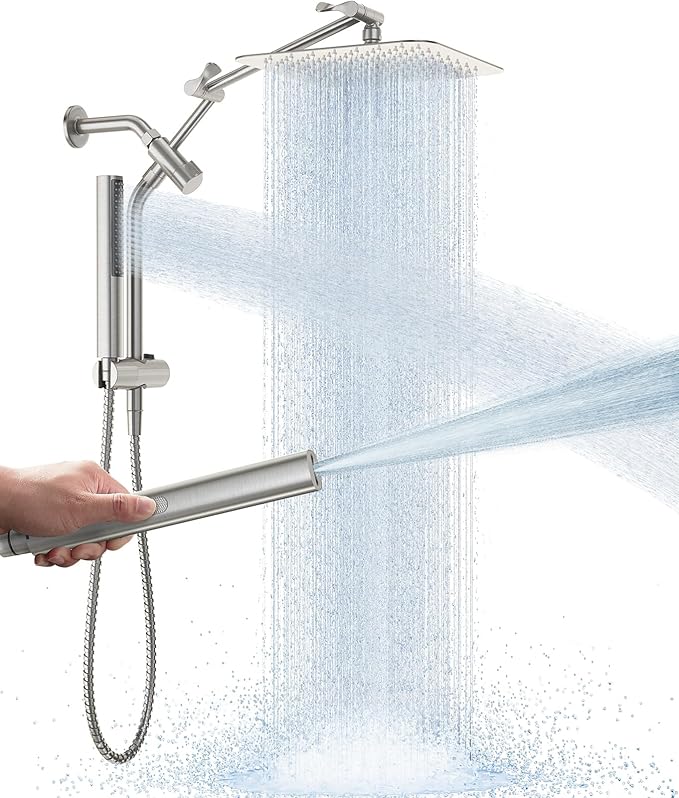 Veken All Metal 10" Brushed Nickel Shower Head with Handheld, Luxurious Square Double Rain Shower Heads with Power-wash Hand Held, Dual High Pressure Detachable Rainfall Showerhead,Bathroom Upgrade