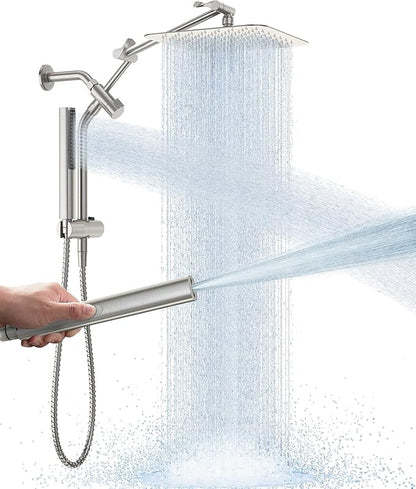 Veken All Metal 10" Brushed Nickel Shower Head with Handheld, Luxurious Square Double Rain Shower Heads with Power-wash Hand Held, Dual High Pressure Detachable Rainfall Showerhead,Bathroom Upgrade