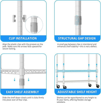 IZEUK Heavy Duty Rolling Garment Rack Wire Clothes Rack for Hanging Clothes (White, 3 Tier with 2 Rod, 29.5" W x 15.7" D x 75" H)
