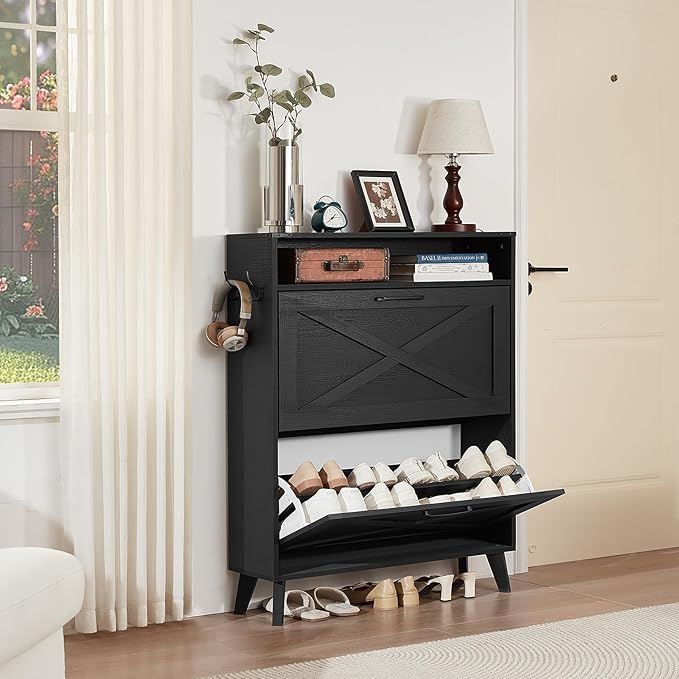 Shoe Storage Cabinet With 2 Flip Drawers, Farmhouse Organizer for Entryway, Narrow Hidden Rack With Wooden Legs & Open Storage, Free Standing Closet for Foyer, Hallway, Black