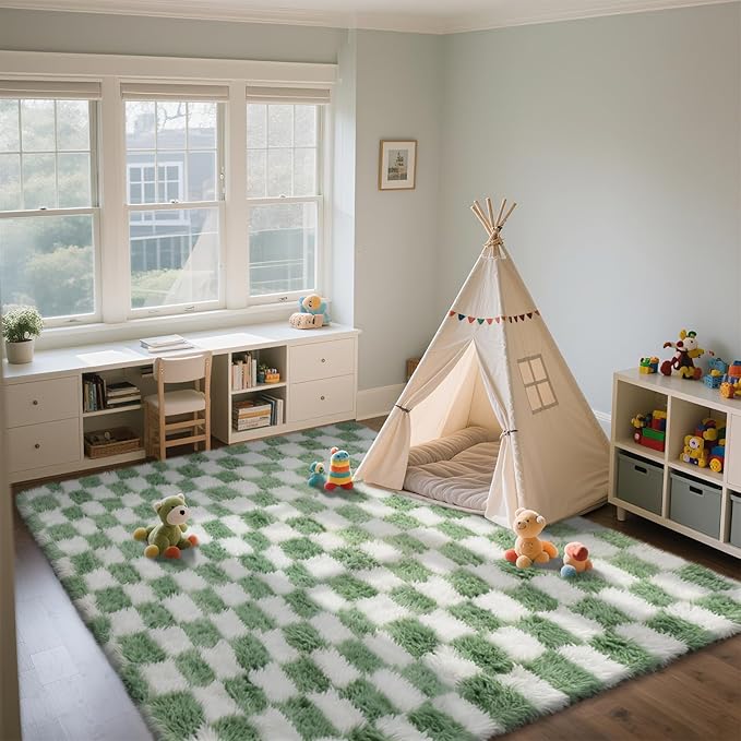 Area Rugs for Bedroom Living Room,5x8 Green and White Fluffy Soft Checkered Rug Fuzzy Shag Shaggy Carpet,Indoor Plush Floor Rugs for Teen Dorm Home Decor