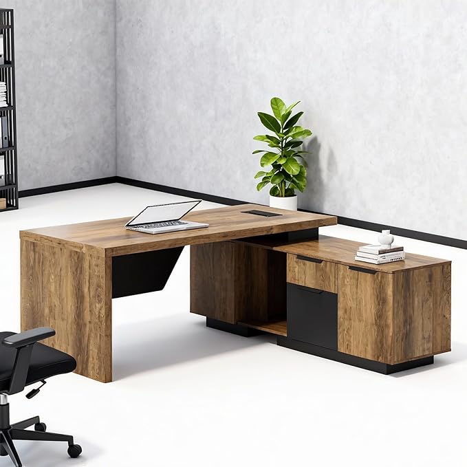 SAINTCY L-Shaped Executive Desk, Retractable Office Desk with Drawers, Large Wood Computer Desks for Boss, Bussiness Owners, Manangers and Supervisors, Adjustable Width (Right Return, 70.86" to 78.7")