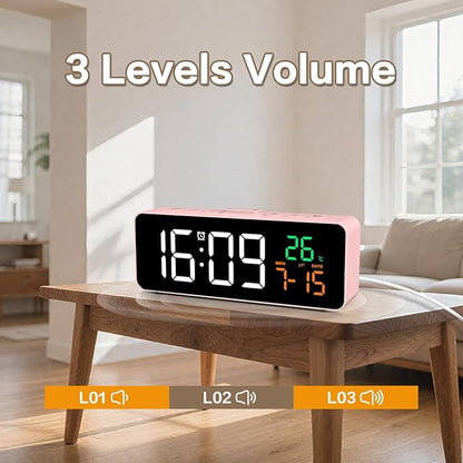 Netzu 3-in-1 Digital Clocks for Living Room with Temperature, Date & Time Display - 4 Levels Birghtness, 3 Volumes, Small & Compact Plug-in Alarm Clock for Bedroom Pink