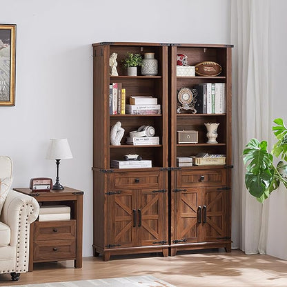 72in Tall Bookshelf 7 Tier Bookcase with Drawer and Barn Doors and Adjustable Shelves, Brown Farmhouse Book Shelf with Storage Cabinet, Wood Freestanding Display Bookshelves for Kitchen (4PCS)