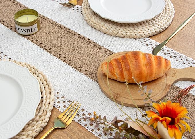 FEXIA Boho Table Runner for Home Coffee Decor 72 Inches Long Farmhouse Rustic Table Runner Macrame Burlap Centerpieces for Tables Decoration for Kitchen Bedroom Decor Bridal Shower (12x72 Inches)
